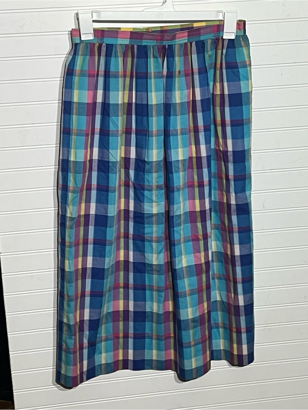 Hand Crafted Blue Plaid A-Line Midi Skirt with Purple and Teal Accents Academia